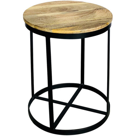 Ravi Iron Base Solid Wood Small Round Stool - L41 x W41 x H52 cm - Mango Light Finish