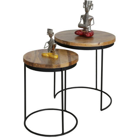 Ravi Iron Base Solid Wood Top Round Stool (Set of 2) - L44 x W44 x H49 cm - Mango Light Finish