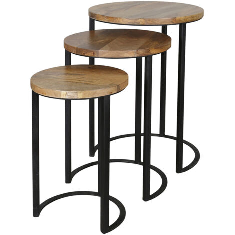 Ravi Iron Base Solid Wood Top Round Stool (Set of 3) - L43 x W43 x H65 cm - Mango Light Finish