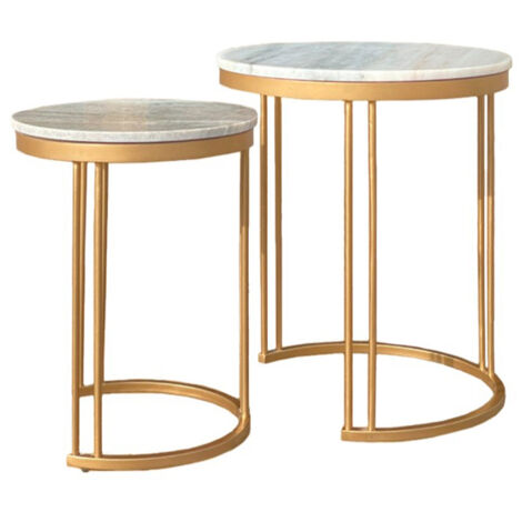 Ravi Marble Nest of 2 Tables - Mango Wood/Iron - L42 x W42 x H49 cm - Mango Light Finish