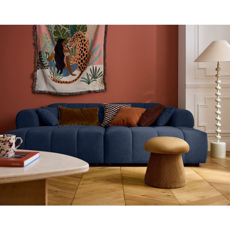 Lisa Design - Ray - canapé droit 4 places avec double méridienne - assise profonde - en tissu texturé - bleu