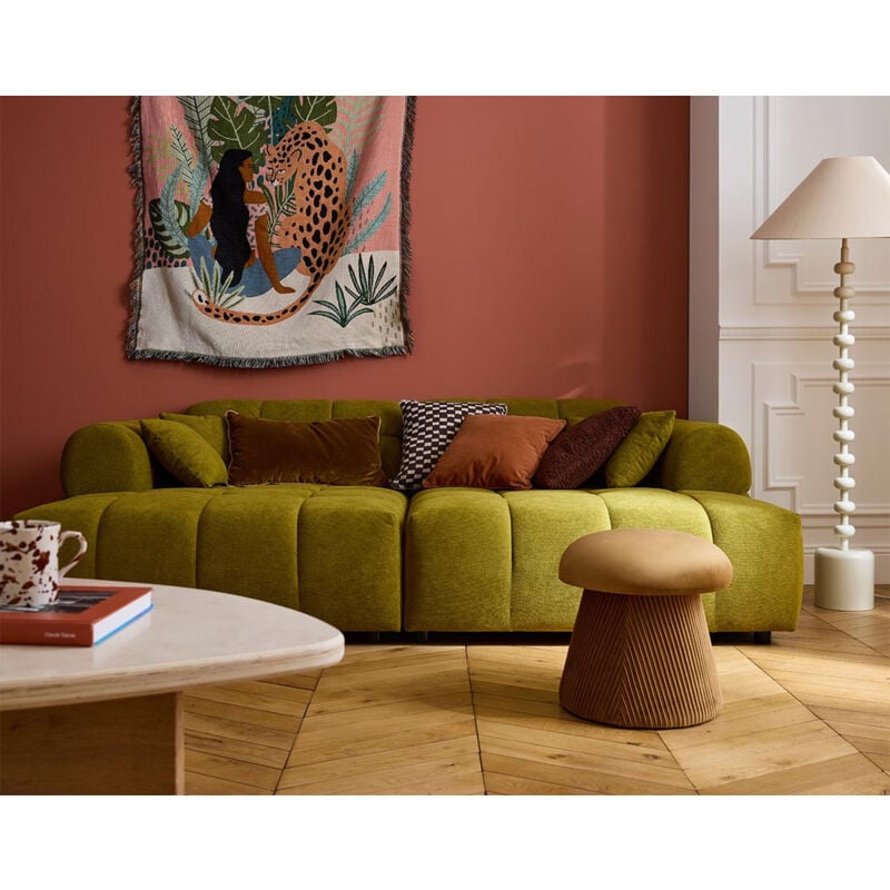 Lisa Design - Ray - canapé droit 4 places avec double méridienne - assise profonde - en tissu texturé - vert