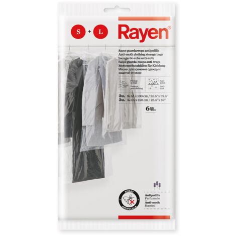 Rayen - Custodia per Armadio con antitarme. Confezione da 6 Sacchetti Trasparenti per riporre i Vestiti Antipolvere, in polietilene, 65 x 100 cm, 3 e 65 x 150 cm