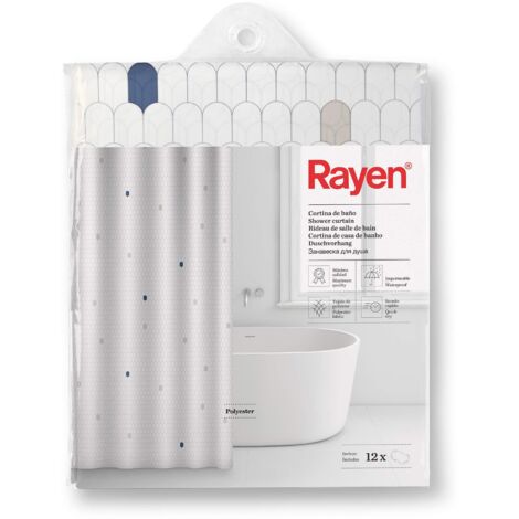 Rayen Duschvorhänge Dusch- oder Badewannenvorhang Wasserdicht Polyester Schnell trocknend Undurchsichtig PVC-Ringe Enthält 12 Haken ca. 180 x 200 cm Weiß mit blauen Zellen