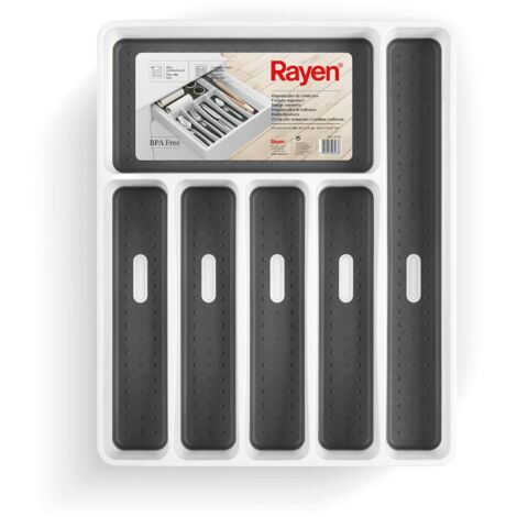 Rayen  Organizzatore di posate  6 scomparti  Organizzatore per cassetti da cucina  Piedini antiscivolo  Prolipopilene  Bianco  Misura: 40 x 32,5 x 5 cm