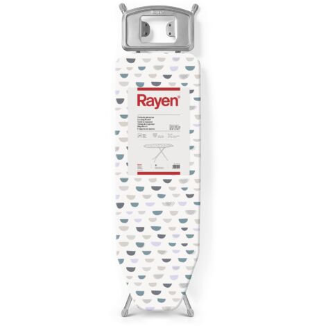 Rayen  Tavola da Stiro - Gamma Basic  Altezza Regolabile  Rete Metallica  Ripiano per Ferro da Stiro  Struttura Grigia e Copertura Stampata Bianca  Misure: 120 x 38 cm