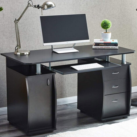 Raygar Deluxe Computer Desk With Cabinet And 3 Drawers Black