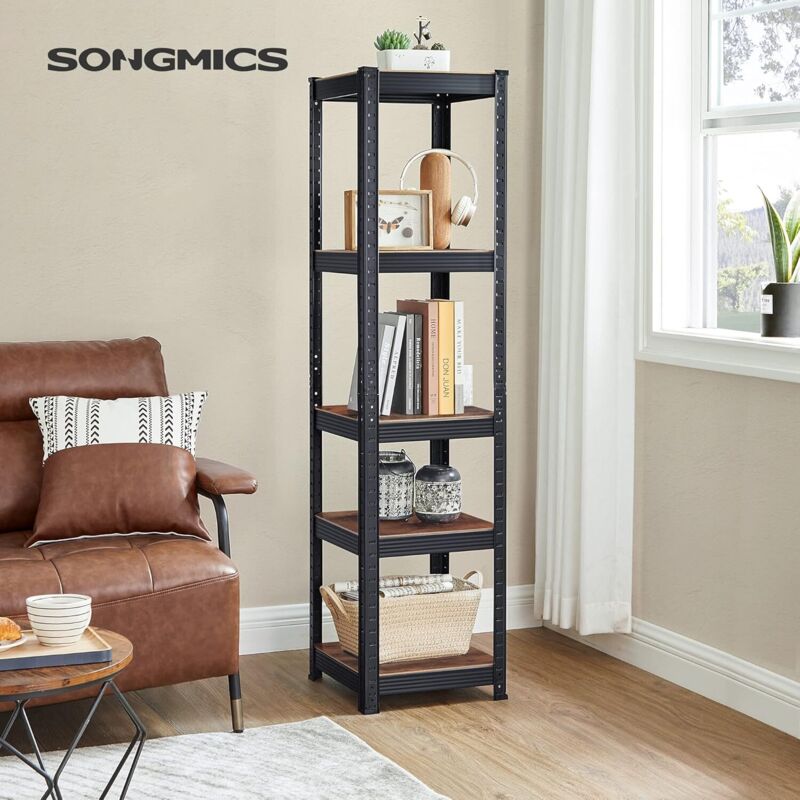 Rayonnage à 5 Niveaux, 37 x 37 x 150 cm, Charge lourde acier resistant clipsable avec mdf 5 Tablettes, Capacité de 400kg, Marron Rustique et Noir