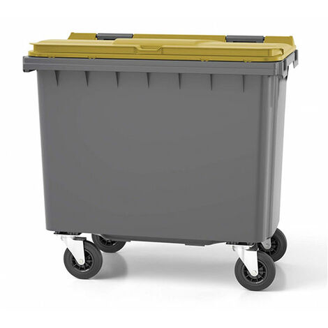 Rayonnage Direct – Conteneur poubelle 660L à préhension frontale – Couleur jaune citron – Structure en polyéthylène haute densité – 4 roues avec freins