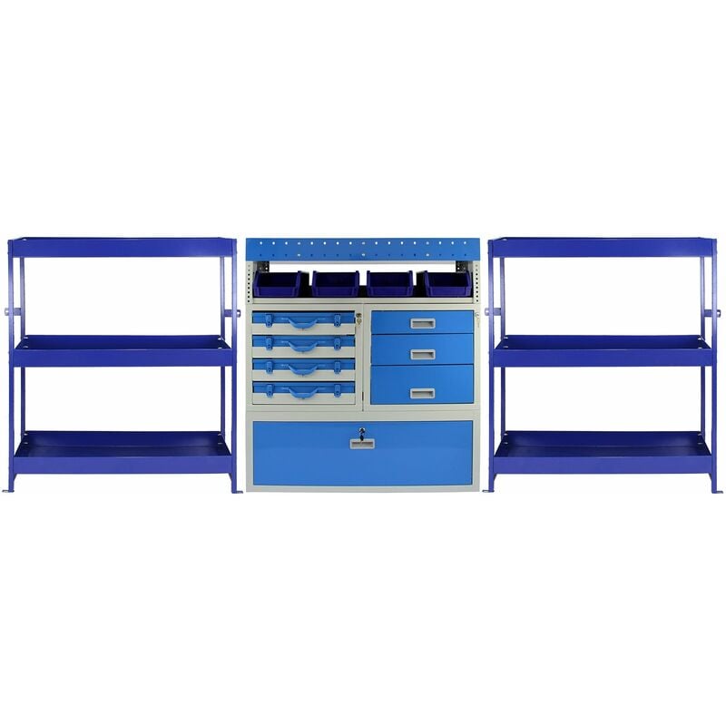 Monster Racking - Ensemble 3xRayonnages Bleus Acier Inoxydable(2 Etagères+1 Meuble Métallique Tiroirs]Camionette Van Utilitaire Professionel
