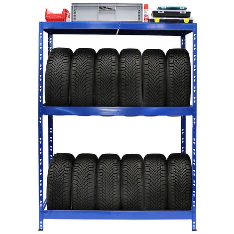 Rayonnage pour pneus | HxLxP 180 x 130 x 50 cm | Jusqu'à 12 pneus | Avec tablettes - Coloris montants: bleu