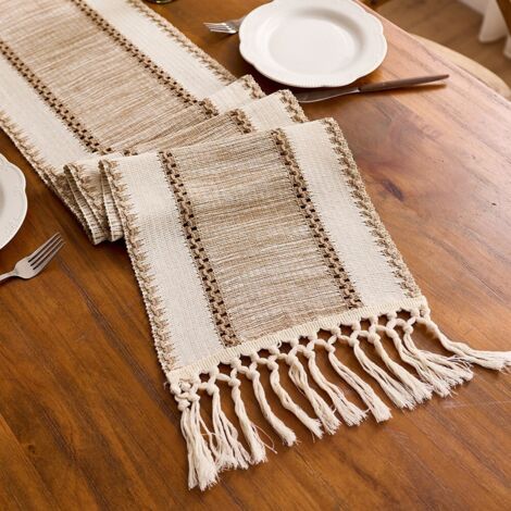 Rayures larges marron 30x200cm Chemin de table en coton et lin à blocs de couleur, orné de pompons ajourés noués, longue nappe décorative pour meuble TV de salon, table basse, set de table.