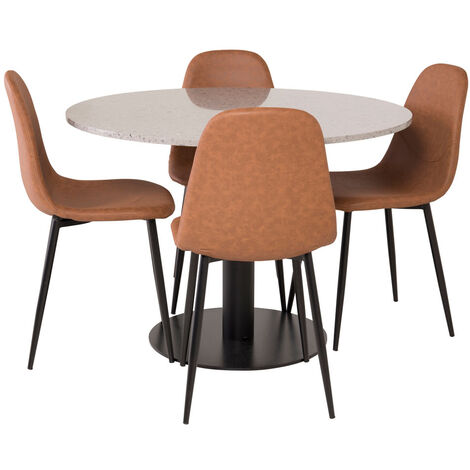 RazziaGR ensemble table, table terrazzo gris et 4 Polar chaises Similicuir PU marron. - terrazzogris,marron