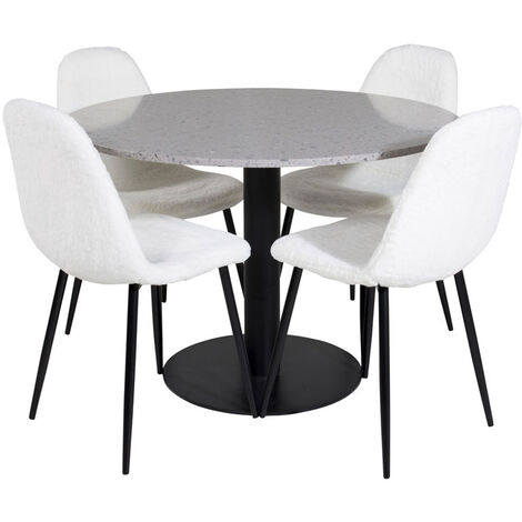 RazziaGR ensemble table, table terrazzo gris et 4 Polar Fluff chaises Teddy blanc. - terrazzogris,Teddyblanc