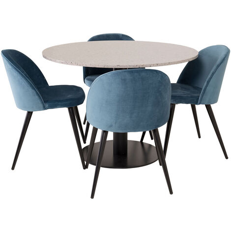 RazziaGR ensemble table, table terrazzo gris et 4 Velvet chaises Velours bleu, noir. - terrazzogris,bleu,noir