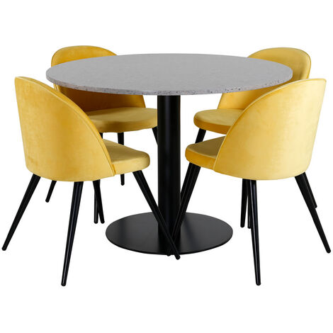 RazziaGR ensemble table, table terrazzo gris et 4 Velvet chaises Velours jaune, noir. - terrazzogris,jaune,noir