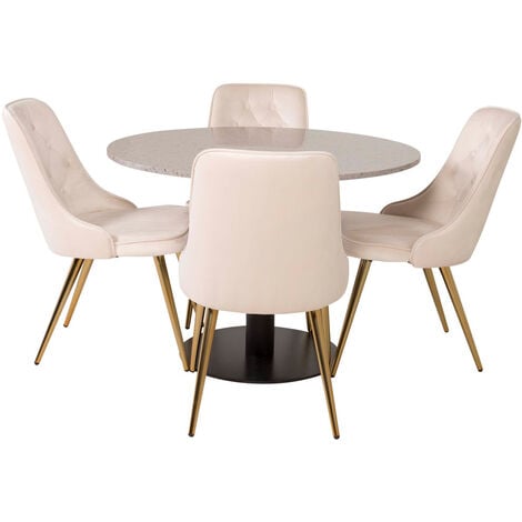 RazziaGR ensemble table, table terrazzo gris et 4 Velvet Deluxe chaises Velours beige, laiton décor. - terrazzogris,beige,laiton