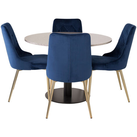 RazziaGR ensemble table, table terrazzo gris et 4 Velvet Deluxe chaises Velours bleu, laiton décor. - terrazzogris,bleu,laiton