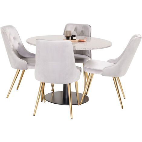 RazziaGR ensemble table, table terrazzo gris et 4 Velvet Deluxe chaises Velours grisclair, laiton décor. - terrazzogris,grisclair,laiton
