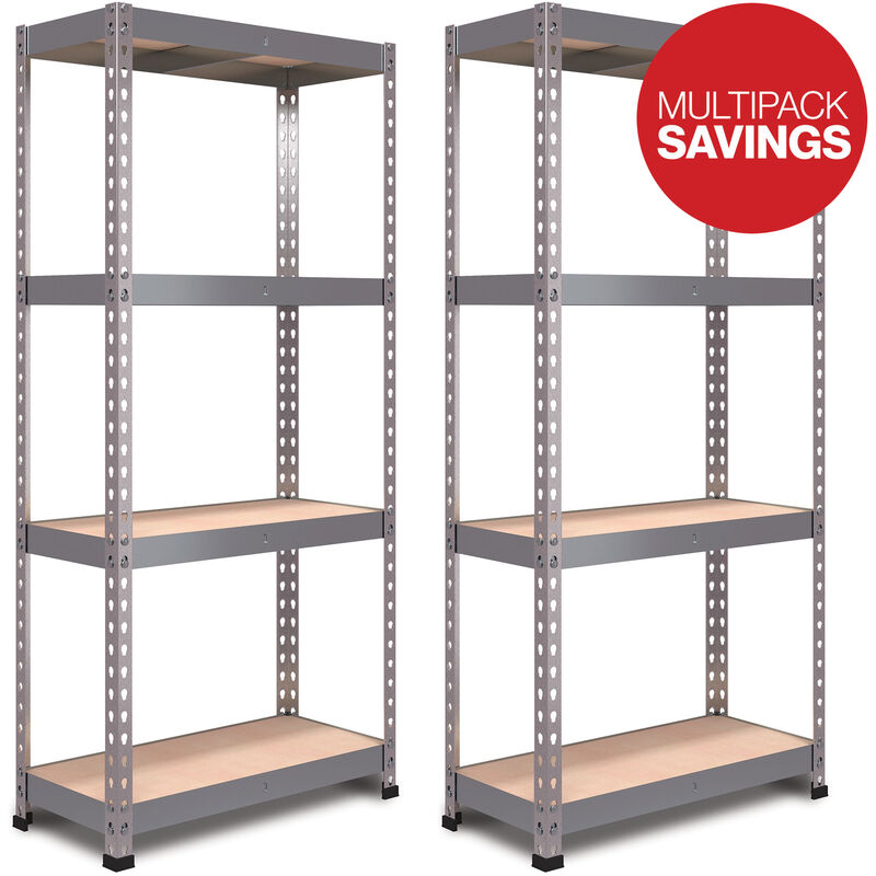 Rb Boss - FastLok Boltless Garage Shelving Unit - 2 Pack - 4 Tier - 145cm x 75cm x 30cm - Galvanised Steel - Silver