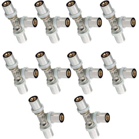 RBM – Lot de 10 Té égal D 16 multicouche à sertir – Raccord en laiton nickelé – Joints EPDM – Pression max 10 bars – Température max +95°C