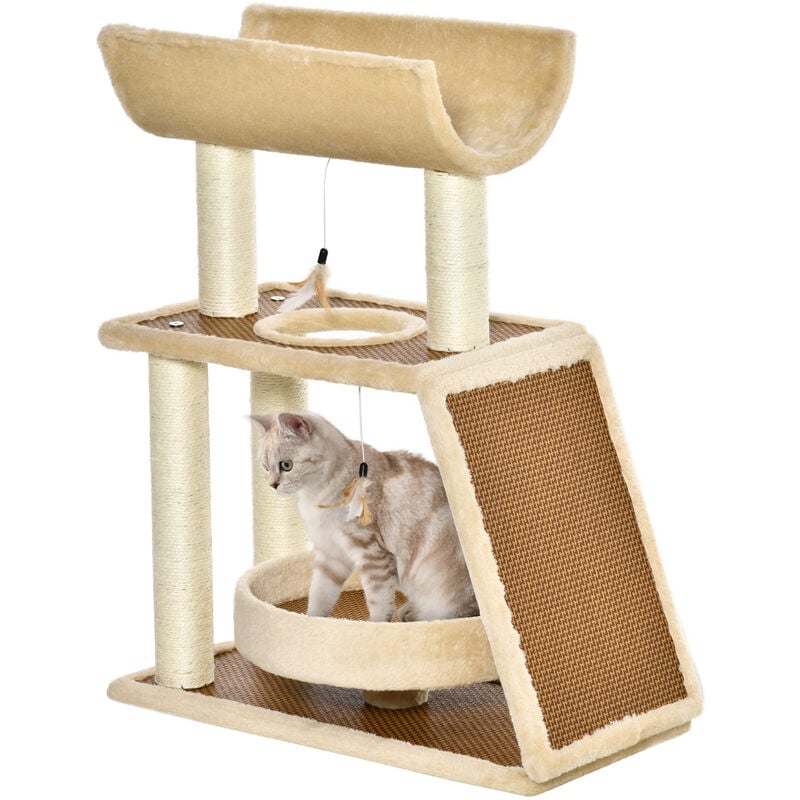 

Pawhut - Árbol Rascador para Gatos 60x30x76 cm con Cama de Lino Postes Rascadores de Sisal Natural Plataforma Tipo Túnel Rampa y Juguetes Colgantes