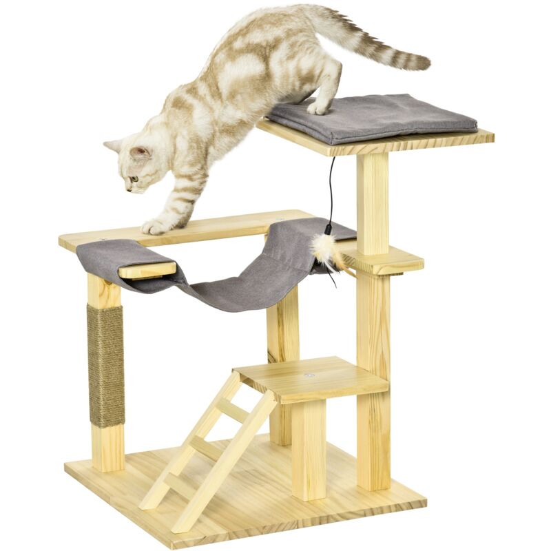 

Pawhut - Árbol Rascador para Gatos de Madera Altura 65 cm con Plataformas Poste Cubierto de Yute Hamaca Escalera y Cojín Extraíble de Tela Oxford