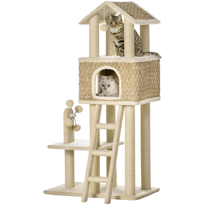 

Pawhut - Árbol Rascador para Gatos Grande Altura 131 cm con Cueva Postes de Sisal Natural Plataformas Bola Colgante y Molino de Viento de Juguete