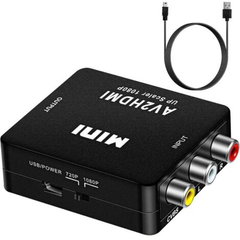RCA-zu-HDMI-Adapter, Mini-AV-RCA-CVBS-zu-HDMI-Video-Audio-Konverter, unterstützt 720p und 1080p für PC, Xbox, PS3, PS2, Fernseher und Set-Top-Boxen