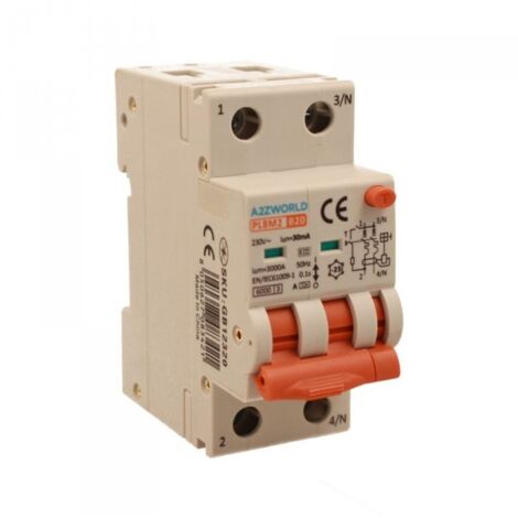 RCBO Interruttore Magnetotermico Differenziale Con Doppia Leva Tipo A Curva B 2P 2M 6000A 30mA, Diagnostica Visiva, B20A  AC 230V IP20 IEC61009-1 PL8M2