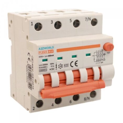 RCBO Interruttore Magnetotermico Differenziale Con Doppia Leva Tipo A Curva B 4P 4M 6000A 300mA, Diagnostica Visiva, B10A  AC 400V IP20 IEC61009-1 PL8M4 4P