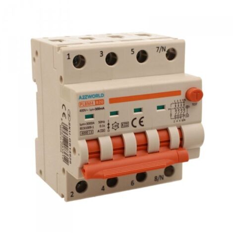 RCBO Interruttore Magnetotermico Differenziale Con Doppia Leva Tipo A Curva B 4P 4M 6000A 300mA, Diagnostica Visiva, B20A  AC 400V IP20 IEC61009-1 PL8M4 4P