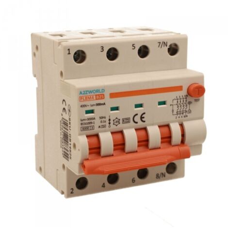 RCBO Interruttore Magnetotermico Differenziale Con Doppia Leva Tipo A Curva B 4P 4M 6000A 300mA, Diagnostica Visiva, B25A  AC 400V IP20 IEC61009-1 PL8M4 4P
