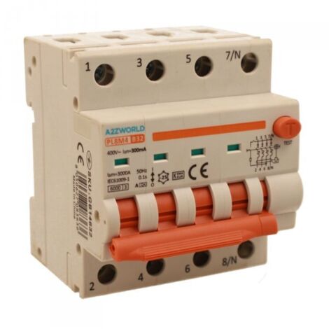 RCBO Interruttore Magnetotermico Differenziale Con Doppia Leva Tipo A Curva B 4P 4M 6000A 300mA, Diagnostica Visiva, B32A  AC 400V IP20 IEC61009-1 PL8M4 4P