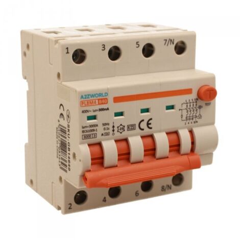 RCBO Interruttore Magnetotermico Differenziale Con Doppia Leva Tipo A Curva B 4P 4M 6000A 300mA, Diagnostica Visiva, B40A  AC 400V IP20 IEC61009-1 PL8M4 4P