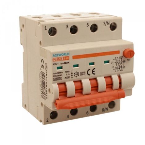 RCBO Interruttore Magnetotermico Differenziale Con Doppia Leva Tipo A Curva B 4P 4M 6000A 30mA, Diagnostica Visiva, B10A  AC 400V IP20 IEC61009-1 PL8M4 4P