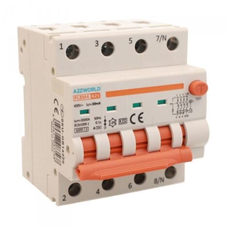 RCBO Interruttore Magnetotermico Differenziale Con Doppia Leva Tipo A Curva B 4P 4M 6000A 30mA, Diagnostica Visiva, B25A  AC 400V IP20 IEC61009-1 PL8M4 4P