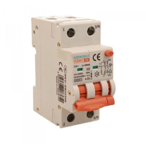 RCBO Interruttore Magnetotermico Differenziale Con Doppia Leva Tipo A Curva C 2P 2M 6000A 30mA, Diagnostica Visiva, C6A  AC 230V IP20 IEC61009-1 PL8M2 GB65306