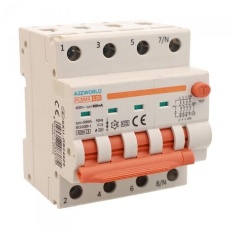 RCBO Interruttore Magnetotermico Differenziale Con Doppia Leva Tipo A Curva C 4P 4M 6000A 300mA, Diagnostica Visiva, C20A  AC 400V IP20 IEC61009-1 PL8M4 4P GB66620