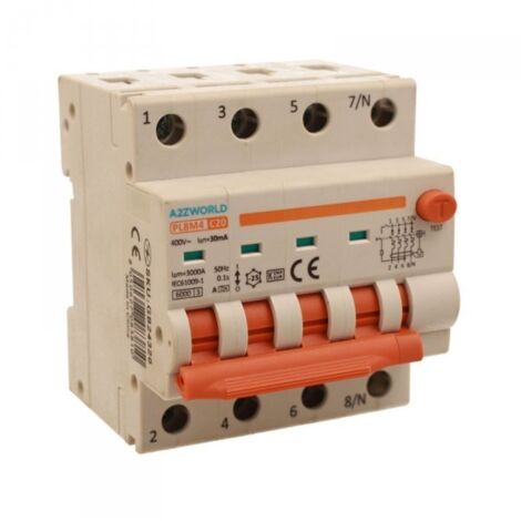 RCBO Interruttore Magnetotermico Differenziale Con Doppia Leva Tipo A Curva C 4P 4M 6000A 30mA, Diagnostica Visiva, C20A  AC 400V IP20 IEC61009-1 PL8M4 4P GB66320