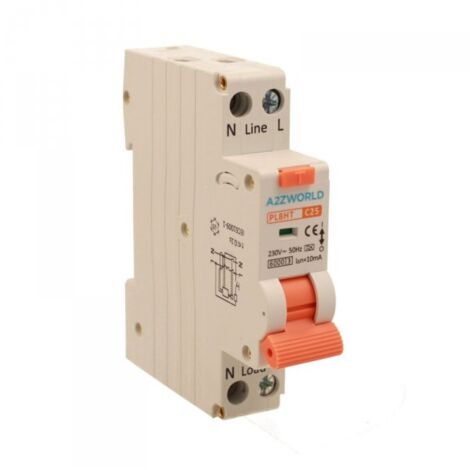 RCBO Interruttore Magnetotermico Differenziale Tipo A Curva C 1P+N 1M 6000A 10mA Per Zone Umide C25A AC 230V IP20 IEC61009-1 PL8HT