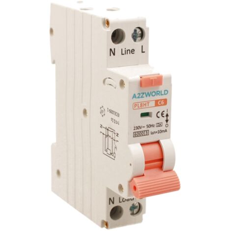 RCBO Interruttore Magnetotermico Differenziale Tipo A Curva C 1P+N 1M 6000A 10mA Per Zone Umide C6A AC 230V IP20 IEC61009-1 PL8HT