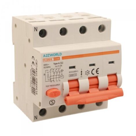 RCBO Interruttore Magnetotermico Differenziale Tipo A Curva C 3P+N 4M 6000A 300mA C10A AC 400V IP20 IEC61009-1 PL8M4