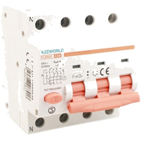RCBO Interruttore Magnetotermico Differenziale Tipo A Curva C 3P+N 4M 6000A 300mA C16A AC 400V IP20 IEC61009-1 PL8M4