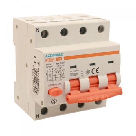 RCBO Interruttore Magnetotermico Differenziale Tipo A Curva C 3P+N 4M 6000A 300mA C20A AC 400V IP20 IEC61009-1 PL8M4