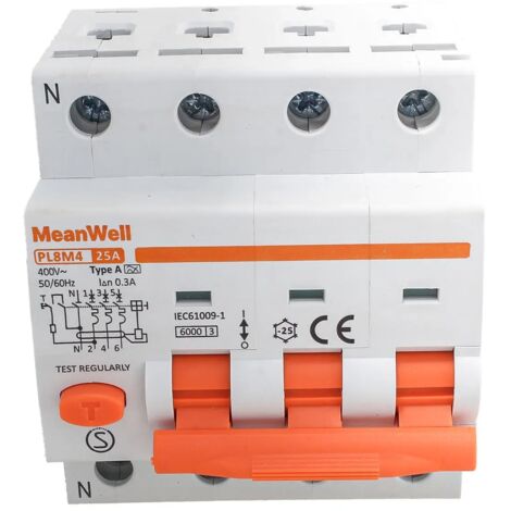 RCBO Interruttore Magnetotermico Differenziale Tipo A Curva C 3P+N 4M 6000A 300mA C25A AC 400V IP20 IEC61009-1 PL8M4