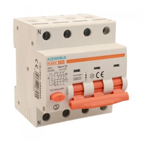 RCBO Interruttore Magnetotermico Differenziale Tipo A Curva C 3P+N 4M 6000A 300mA C40A AC 400V IP20 IEC61009-1 PL8M4