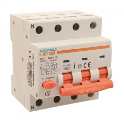 RCBO Interruttore Magnetotermico Differenziale Tipo AC Curva C 3P+N 4M 6000A 300mA C10A AC 400V IP20 IEC61009-1 PL8M4