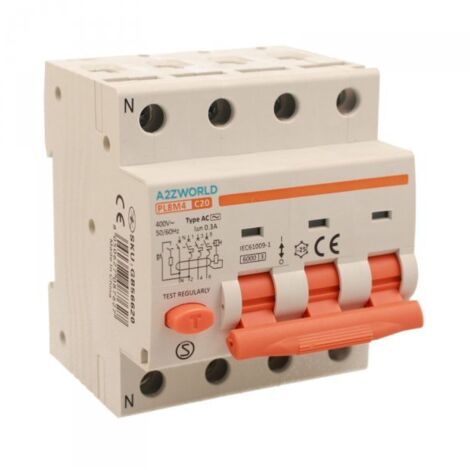 RCBO Interruttore Magnetotermico Differenziale Tipo AC Curva C 3P+N 4M 6000A 300mA C20A AC 400V IP20 IEC61009-1 PL8M4