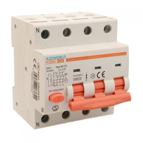 RCBO Interruttore Magnetotermico Differenziale Tipo AC Curva C 3P+N 4M 6000A 300mA C32A AC 400V IP20 IEC61009-1 PL8M4